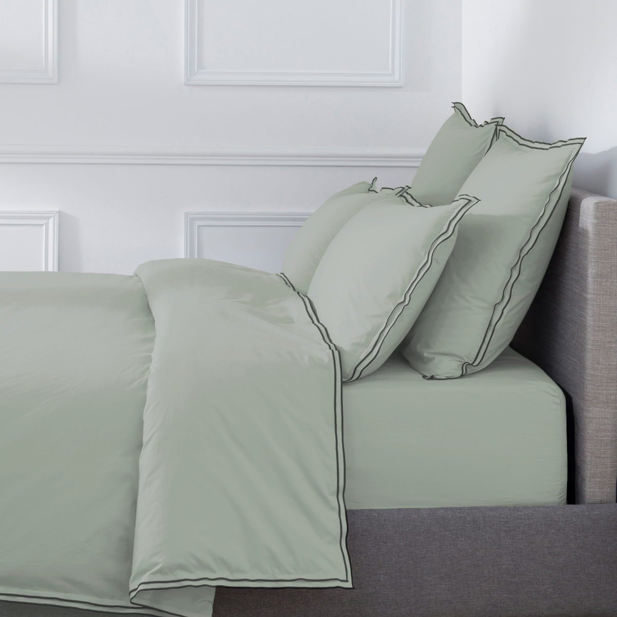 Housse de couette PURE WHITE percale lavée light green - finition black